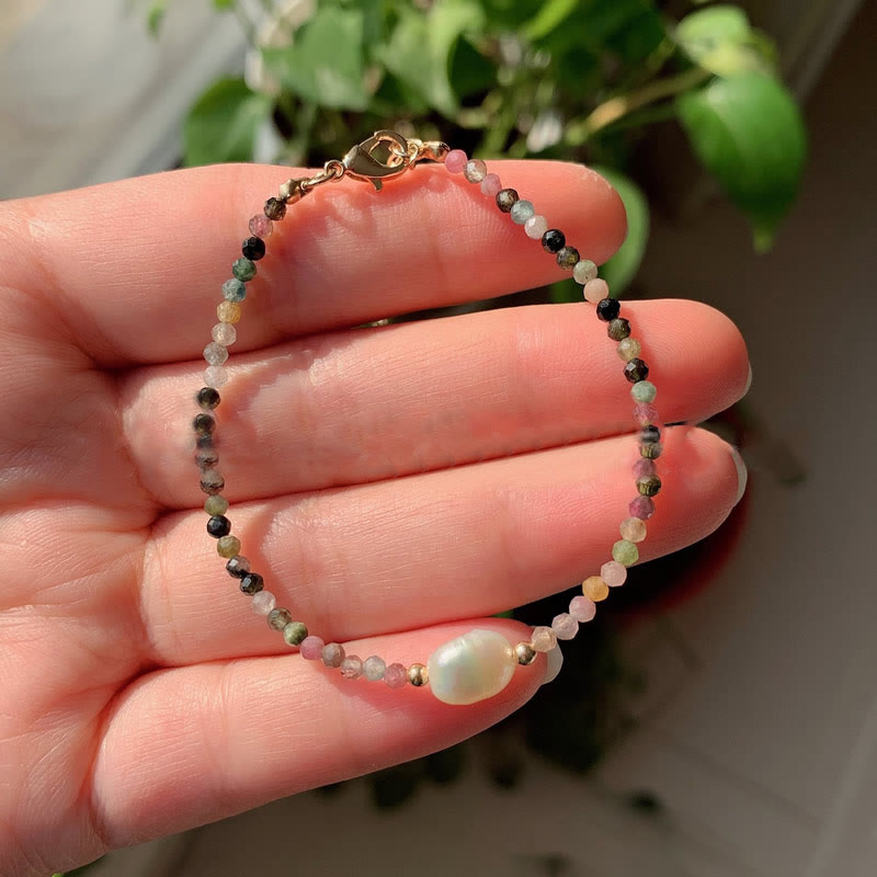 Olivenorma 2mm Stone Beads Freshwater Pearl Pendant Bracelet - Tourmaline - image 11