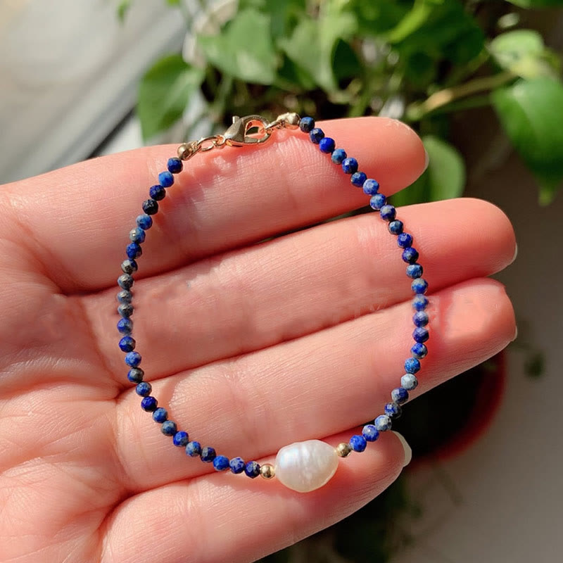 Olivenorma 2mm Stone Beads Freshwater Pearl Pendant Bracelet - Lapis Lazuli - image 5