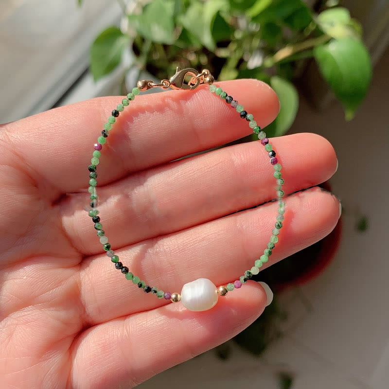 Olivenorma 2mm Stone Beads Freshwater Pearl Pendant Bracelet - Ruby Zoisite - image 9