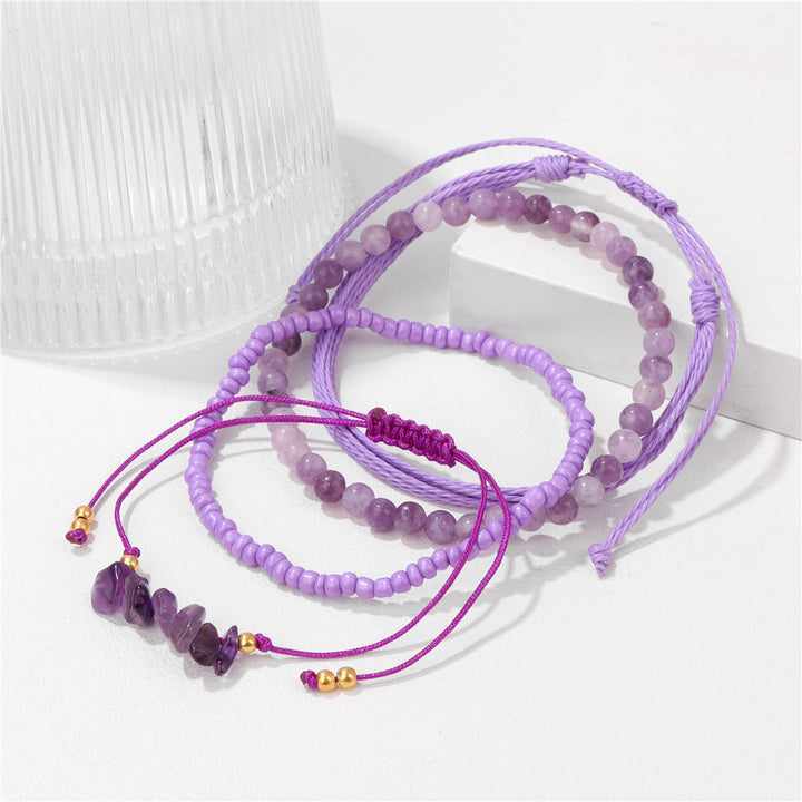 Olivenorma 4Pcs Crystal Crushed Stone Braided Drawstring Bracelet - Amethyst - image 0