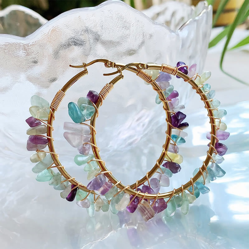 Olivenorma Bohemian Style Natural Stone Crystal Large Hoop Earrings - Rainbow Fluorite - image 16