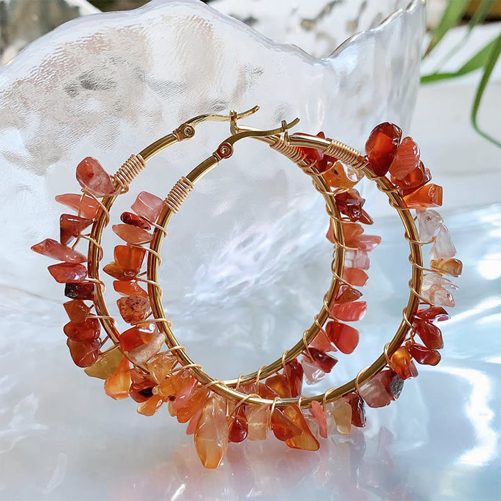 Olivenorma Bohemian Style Natural Stone Crystal Large Hoop Earrings - Red Agate - image 18