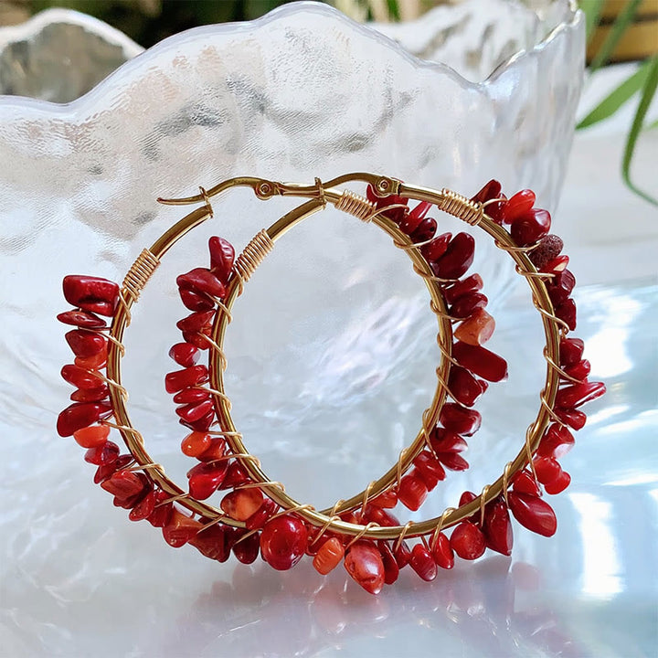 Olivenorma Bohemian Style Natural Stone Crystal Large Hoop Earrings - Red Coral - image 20