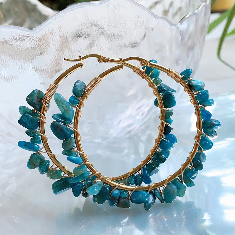 Olivenorma Bohemian Style Natural Stone Crystal Large Hoop Earrings - Blue Apatite - image 2