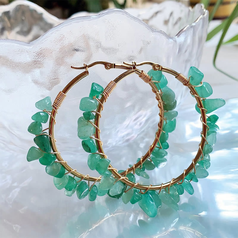 Olivenorma Bohemian Style Natural Stone Crystal Large Hoop Earrings - Green Aventurine - image 6
