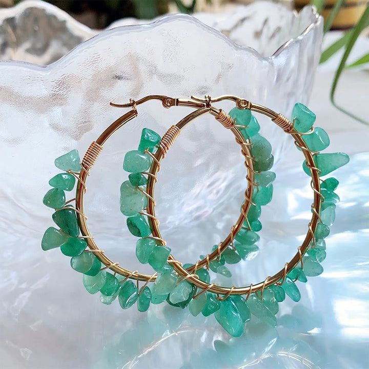 Olivenorma Bohemian Style Natural Stone Crystal Large Hoop Earrings - Green Aventurine - image 6