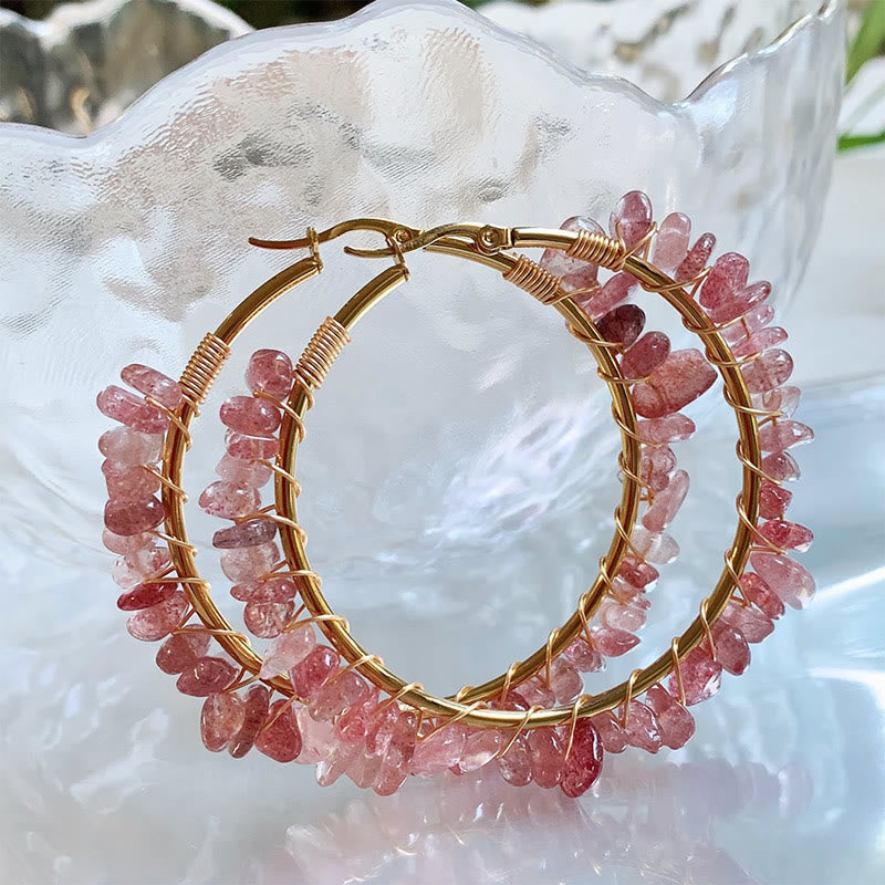 Olivenorma Bohemian Style Natural Stone Crystal Large Hoop Earrings - Strawberry Quartz - image 28