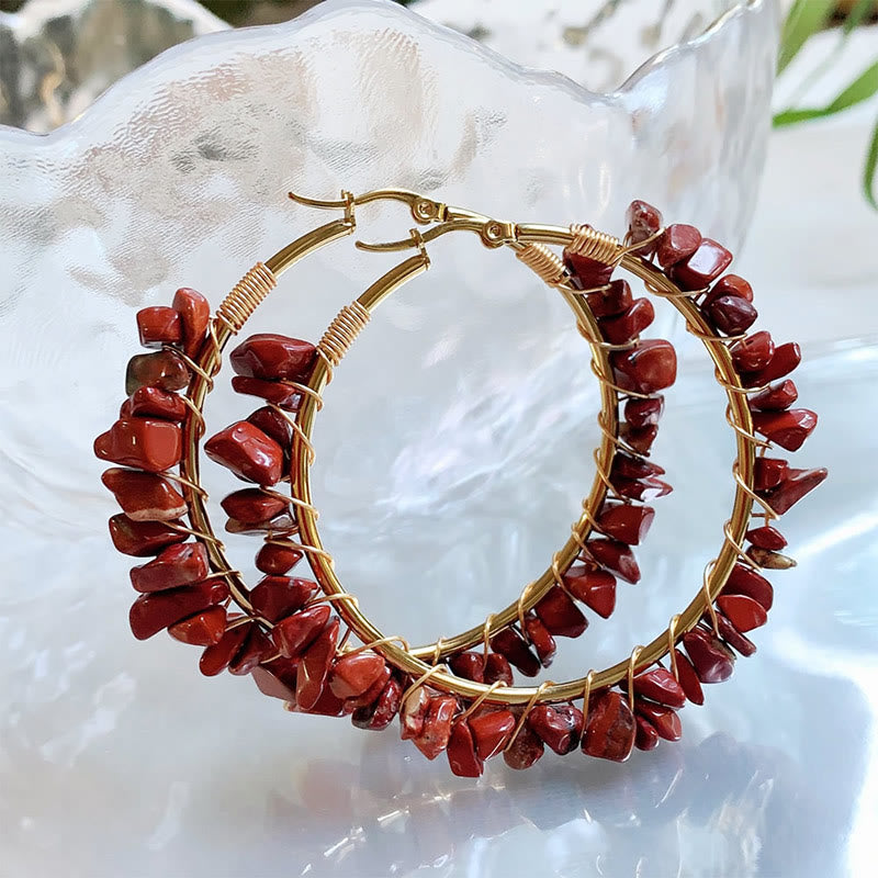 Olivenorma Bohemian Style Natural Stone Crystal Large Hoop Earrings - Red Jasper - image 22