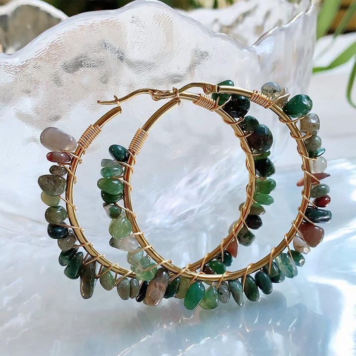 Olivenorma Bohemian Style Natural Stone Crystal Large Hoop Earrings - India Agate - image 8