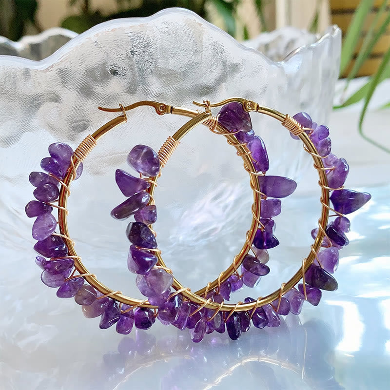 Olivenorma Bohemian Style Natural Stone Crystal Large Hoop Earrings - Amethyst - image 0