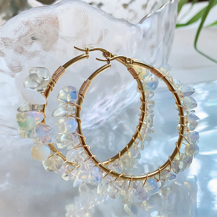 Olivenorma Bohemian Style Natural Stone Crystal Large Hoop Earrings - Opalite - image 14