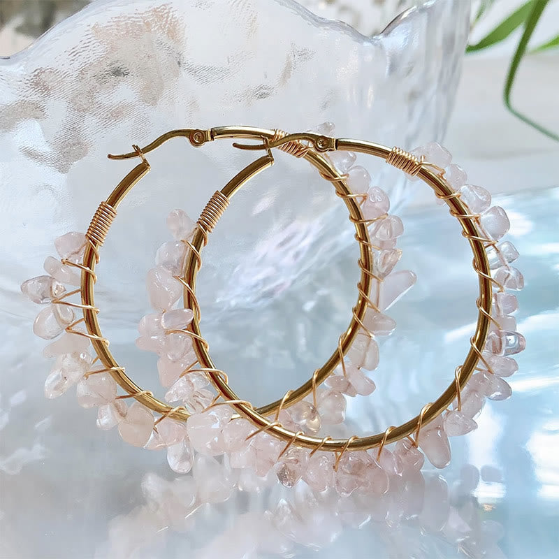 Olivenorma Bohemian Style Natural Stone Crystal Large Hoop Earrings - Rose Quartz - image 26