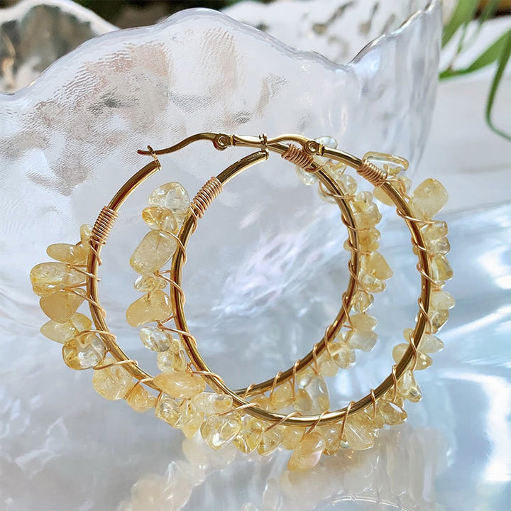 Olivenorma Bohemian Style Natural Stone Crystal Large Hoop Earrings - Citrine - image 4