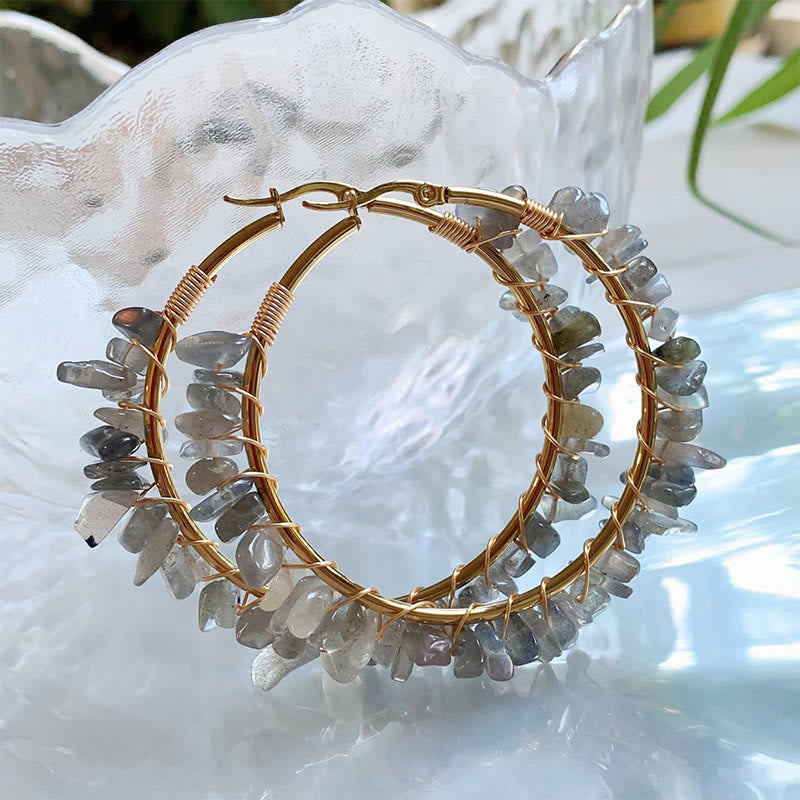 Olivenorma Bohemian Style Natural Stone Crystal Large Hoop Earrings - Labradorite - image 10