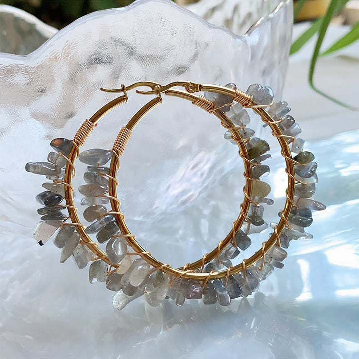 Olivenorma Bohemian Style Natural Stone Crystal Large Hoop Earrings - Labradorite - image 10