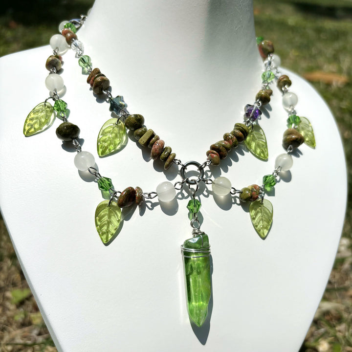 Olivenorma Leaf Clear Crystal Unakite Layered Choker Necklace - image 3