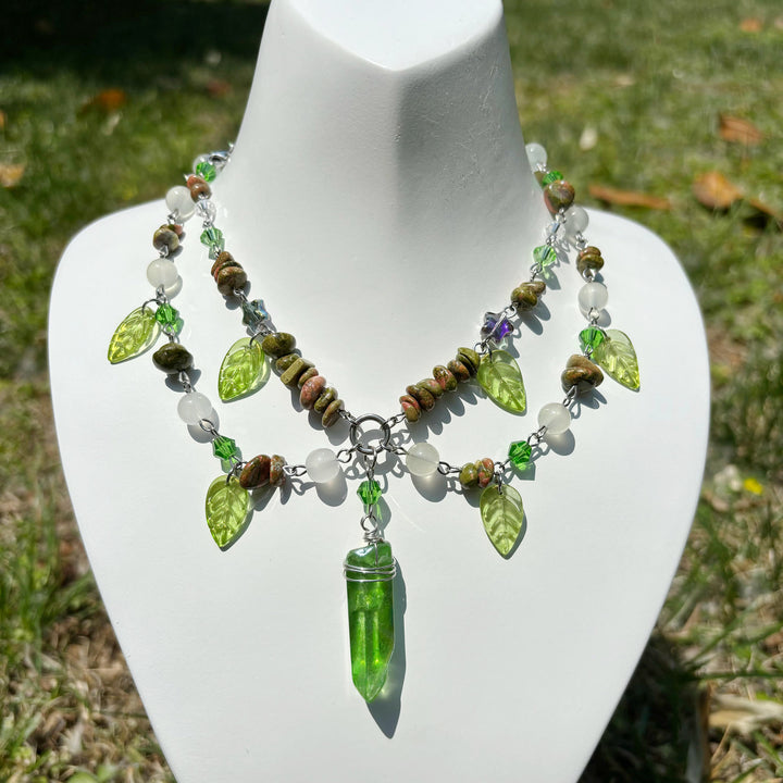Olivenorma Leaf Clear Crystal Unakite Layered Choker Necklace - image 2