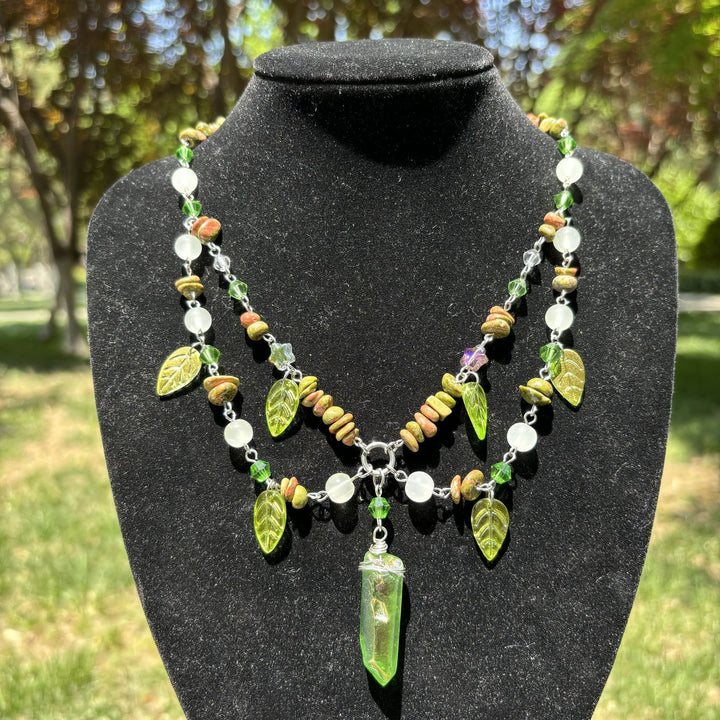 Olivenorma Leaf Clear Crystal Unakite Layered Choker Necklace - Unakite & Leaf - image 0