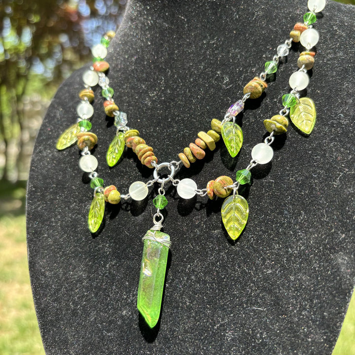 Olivenorma Leaf Clear Crystal Unakite Layered Choker Necklace - image 1