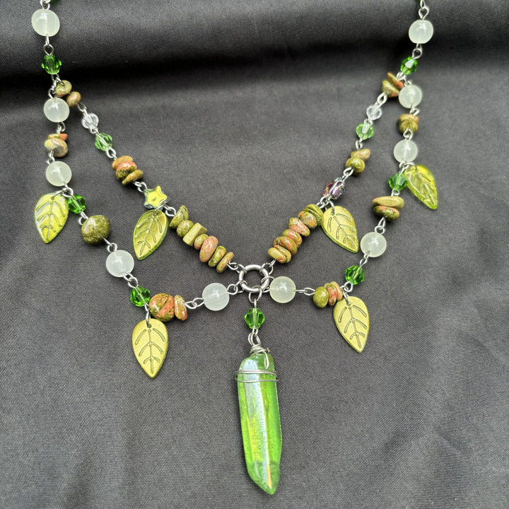 Olivenorma Leaf Clear Crystal Unakite Layered Choker Necklace - image 4