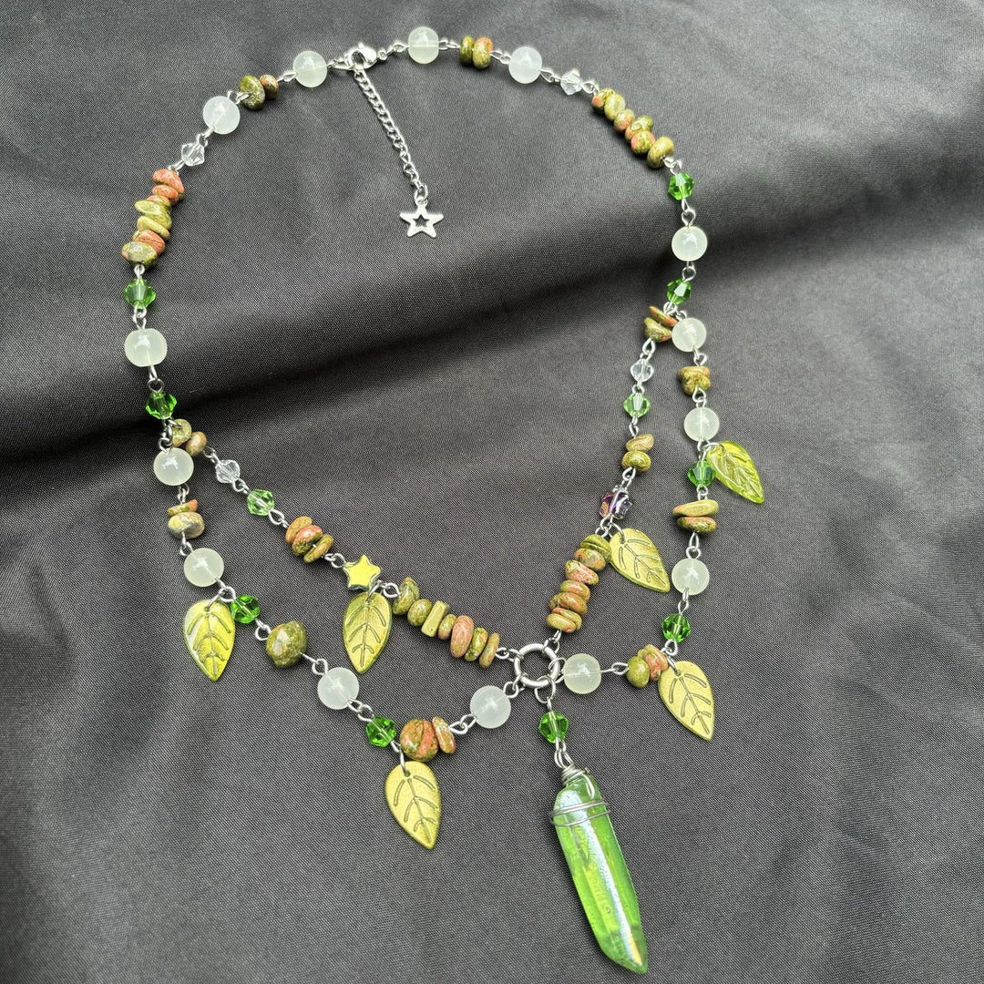 Olivenorma Leaf Clear Crystal Unakite Layered Choker Necklace - image 5
