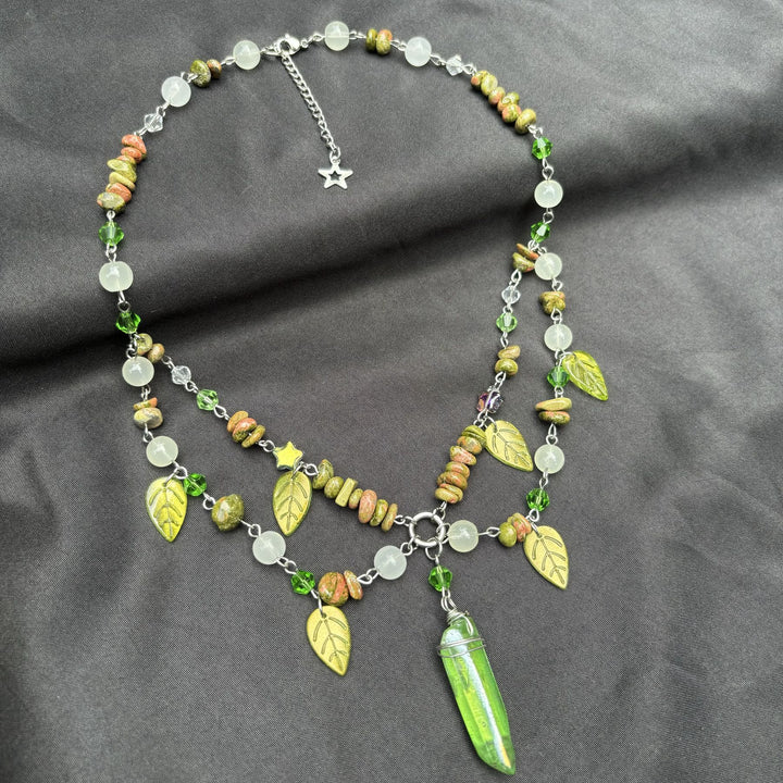 Olivenorma Leaf Clear Crystal Unakite Layered Choker Necklace - image 5