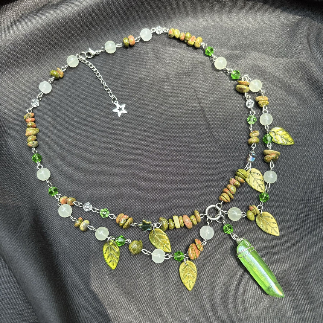 Olivenorma Leaf Clear Crystal Unakite Layered Choker Necklace - image 6