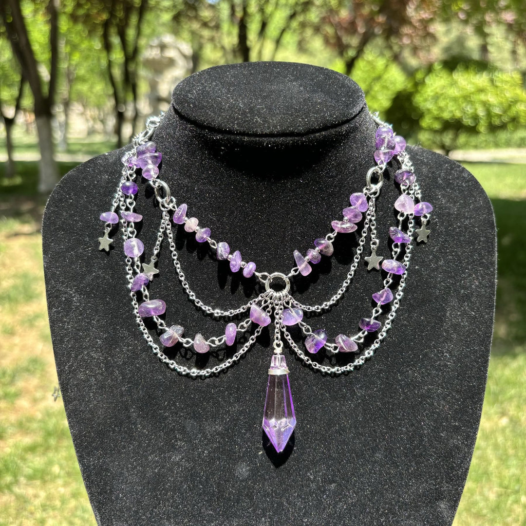 Olivenorma Star Pendant Natural Stone Layered Choker Necklace - Amethyst - image 0
