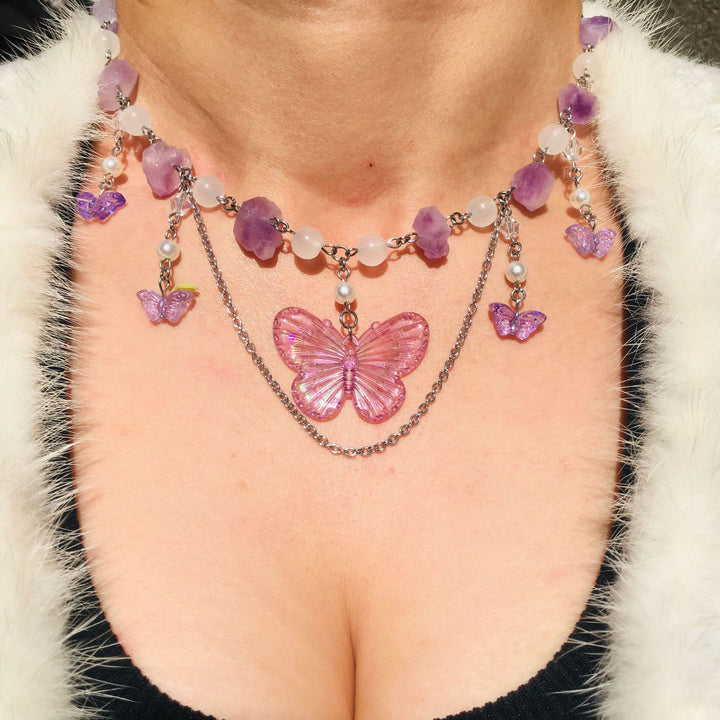 Olivenorma Amethyst Clear Crystal Butterfly Layered Choker Necklace - Amethyst & Clear Crystal - image 0