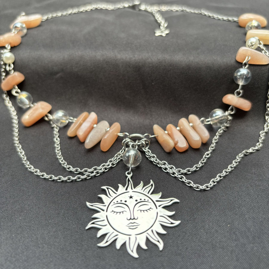 Olivenorma Natural Sun Stone Pendant Layered Choker Necklace - image 5