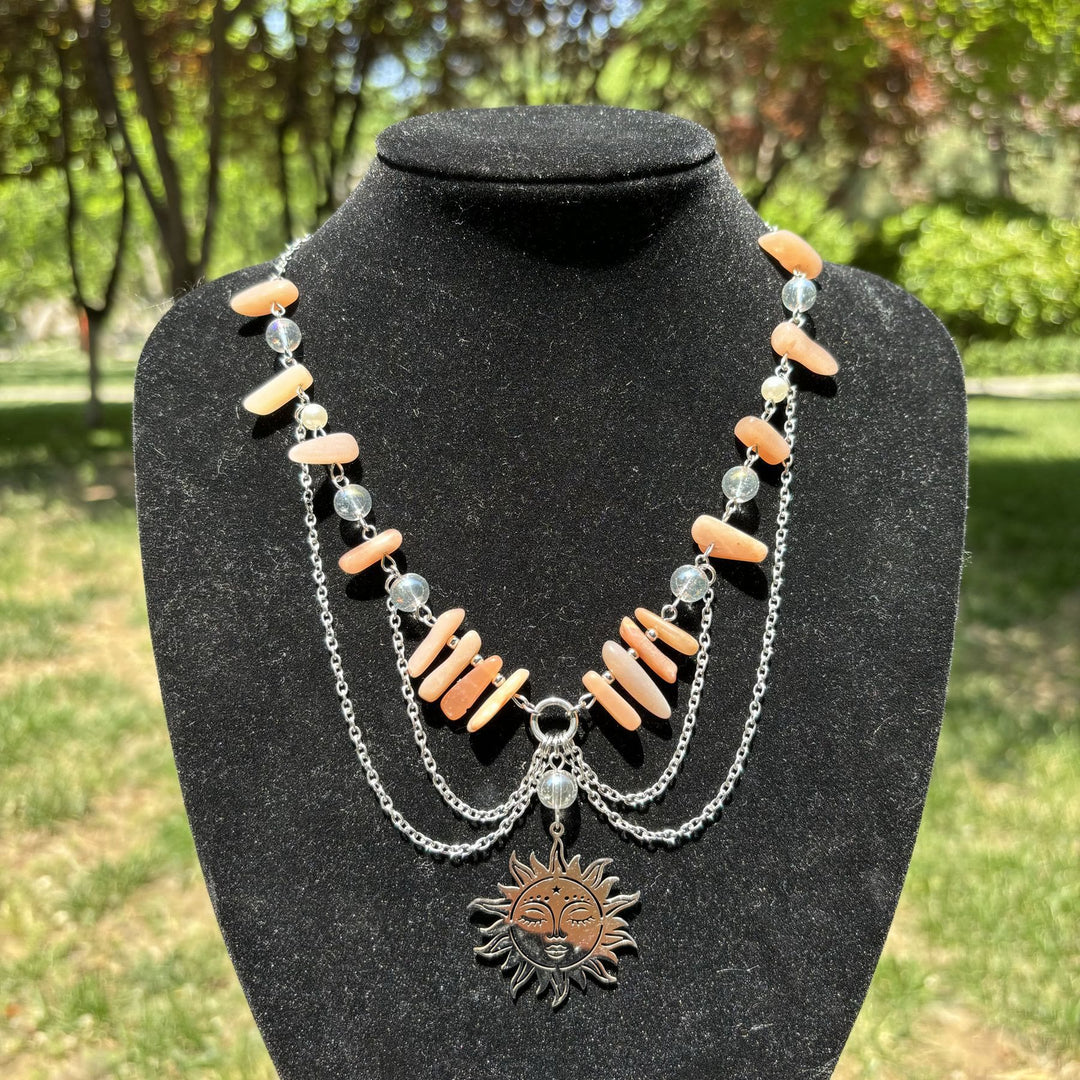 Olivenorma Natural Sun Stone Pendant Layered Choker Necklace - Sun Stone - image 0