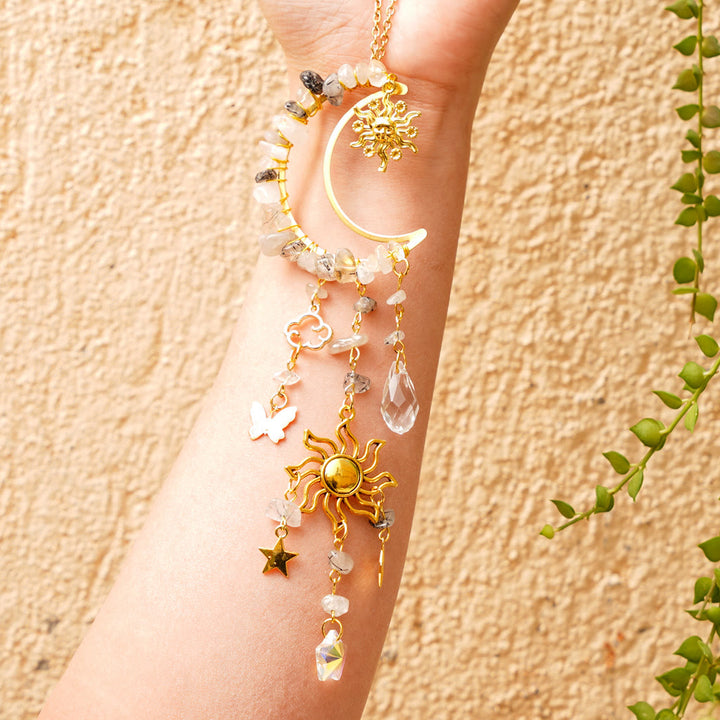 Olivenorma Natural Crystal Gravel Moon Suncatcher Wind Chime - Black Quartz Rutilated - image 2