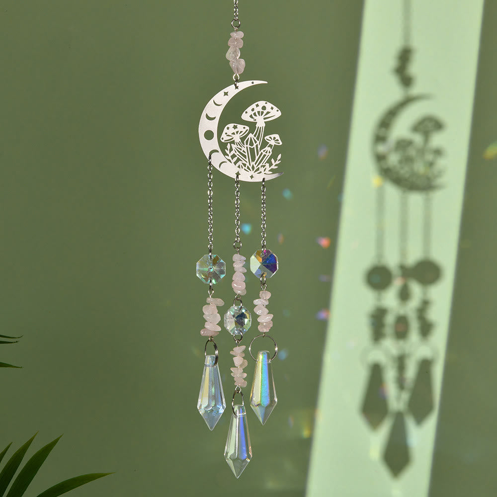 Olivenorma Natural Crystal Moon Mushroom Suncatcher Wind Chime - Rose Quartz - image 13