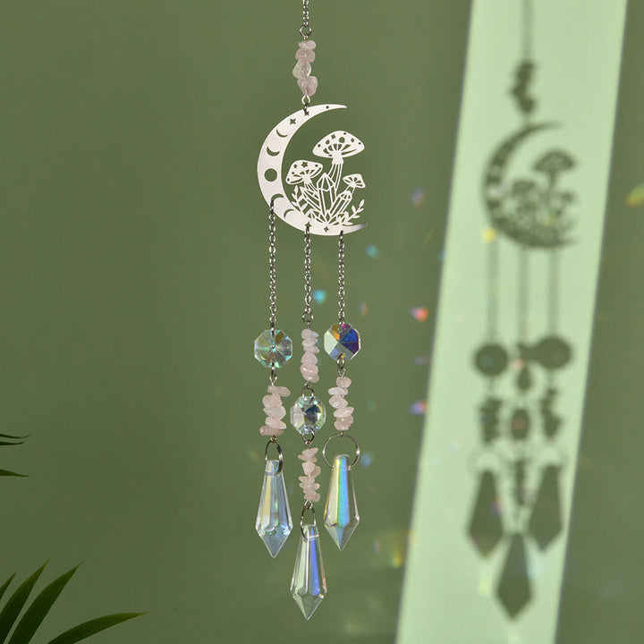 Olivenorma Natural Crystal Moon Mushroom Suncatcher Wind Chime - Rose Quartz - image 13