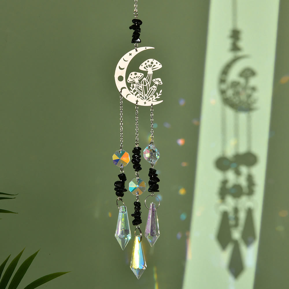 Olivenorma Natural Crystal Moon Mushroom Suncatcher Wind Chime - Obsidian - image 11