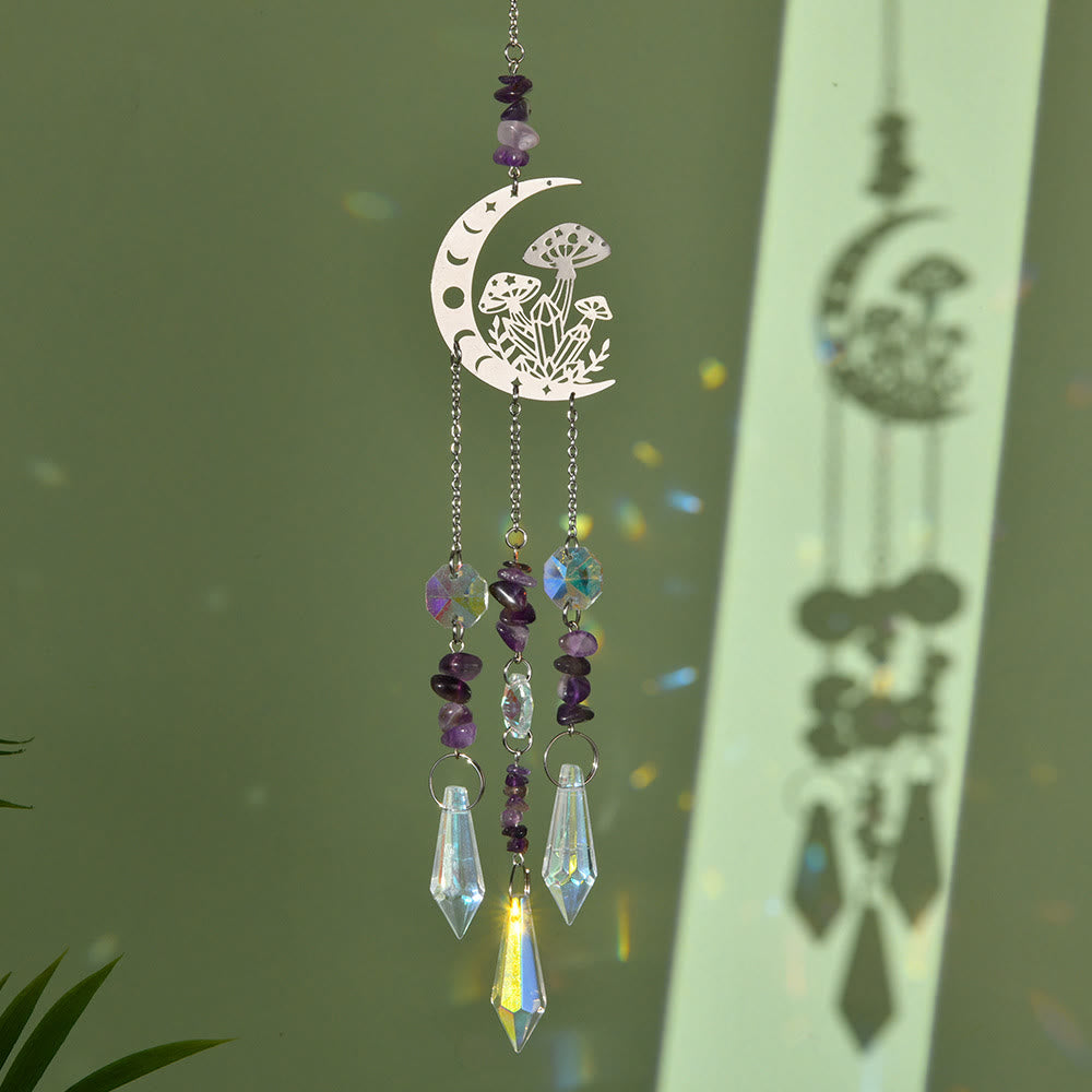 Olivenorma Natural Crystal Moon Mushroom Suncatcher Wind Chime - Amethyst - image 1