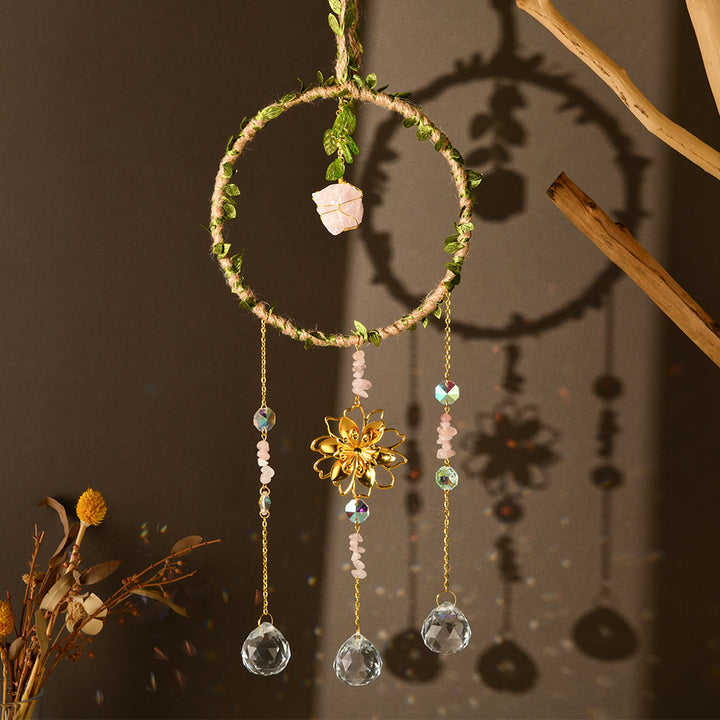 Olivenorma Natural Crystal Vine Ring Lotus Wind Chime - Rose Quartz - image 11