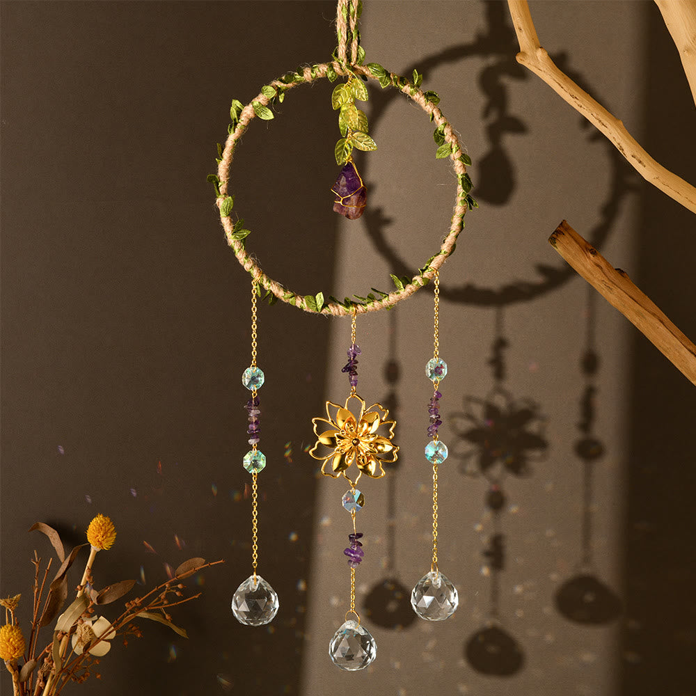 Olivenorma Natural Crystal Vine Ring Lotus Wind Chime - Amethyst - image 1