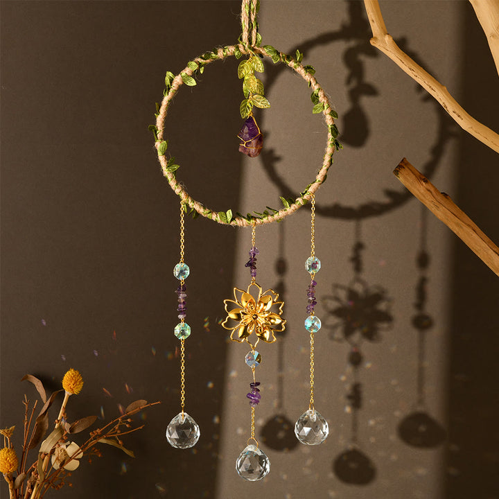 Olivenorma Natural Crystal Vine Ring Lotus Wind Chime - Amethyst - image 1