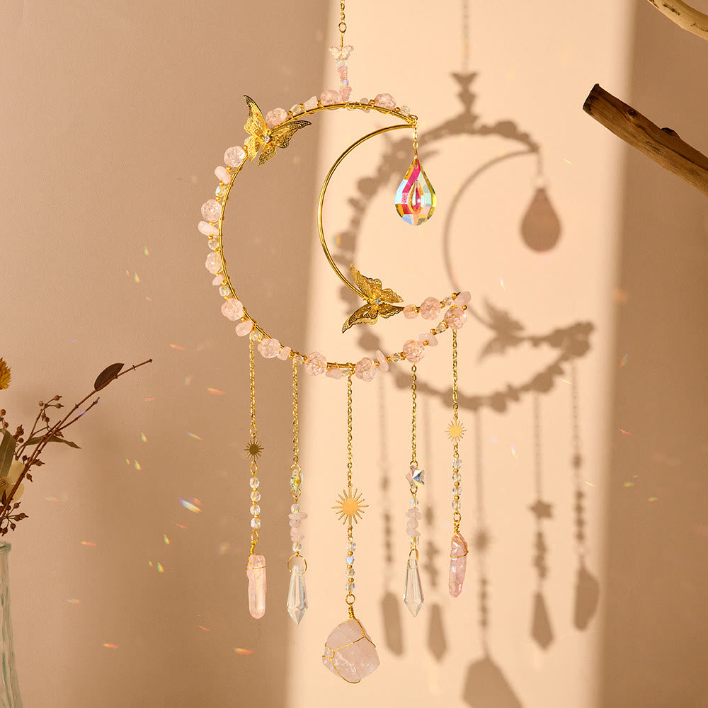 Olivenorma Natural Crystal Woven Moon Butterfly Wind Chime - Rose Quartz - image 7