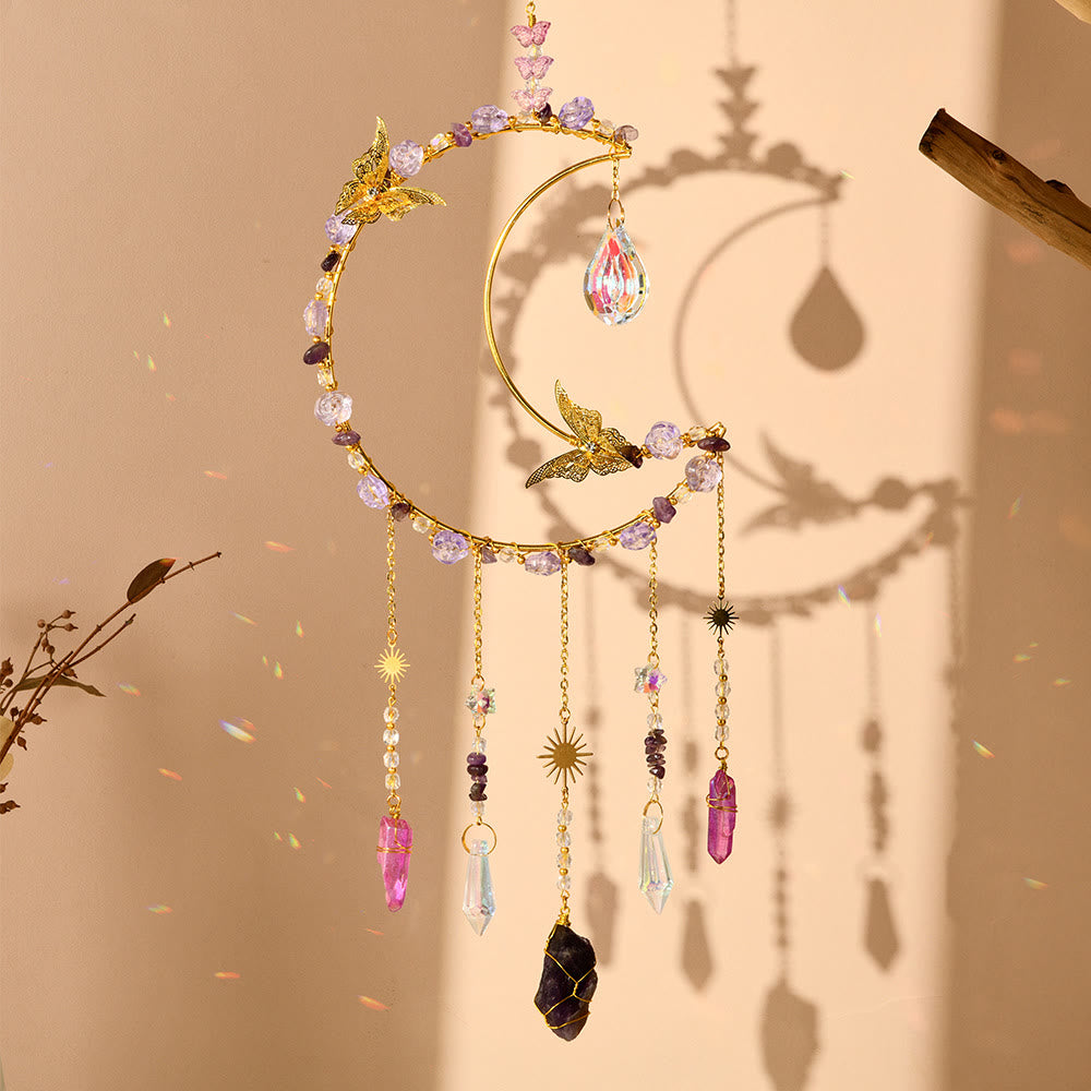 Olivenorma Natural Crystal Woven Moon Butterfly Wind Chime - Amethyst - image 1