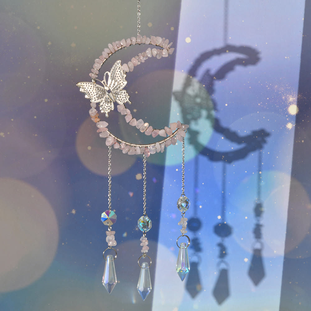 Olivenorma Natural Crystal Moon Butterfly Wind Chime - Rose Quartz - image 13
