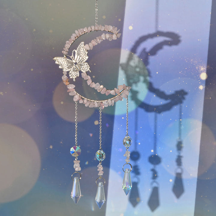 Olivenorma Natural Crystal Moon Butterfly Wind Chime - Rose Quartz - image 13