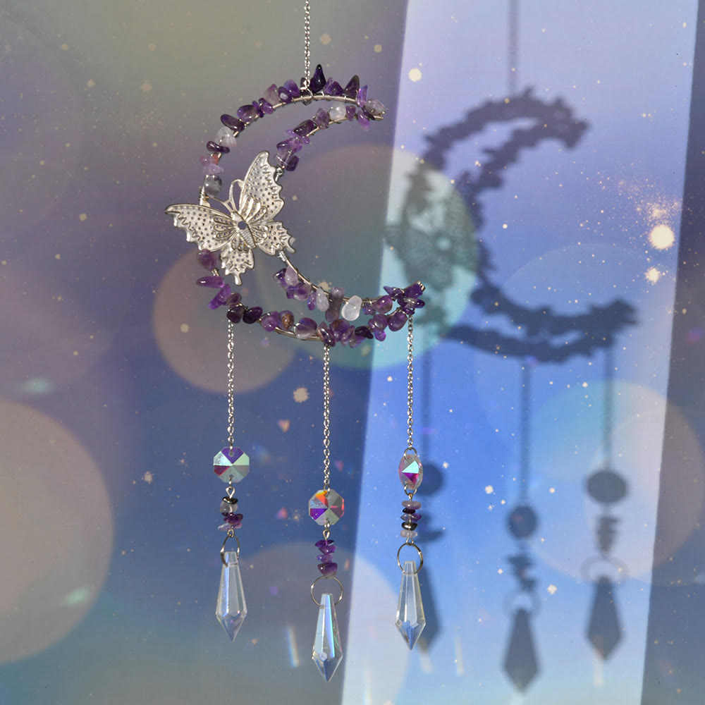 Olivenorma Natural Crystal Moon Butterfly Wind Chime - Amethyst - image 1