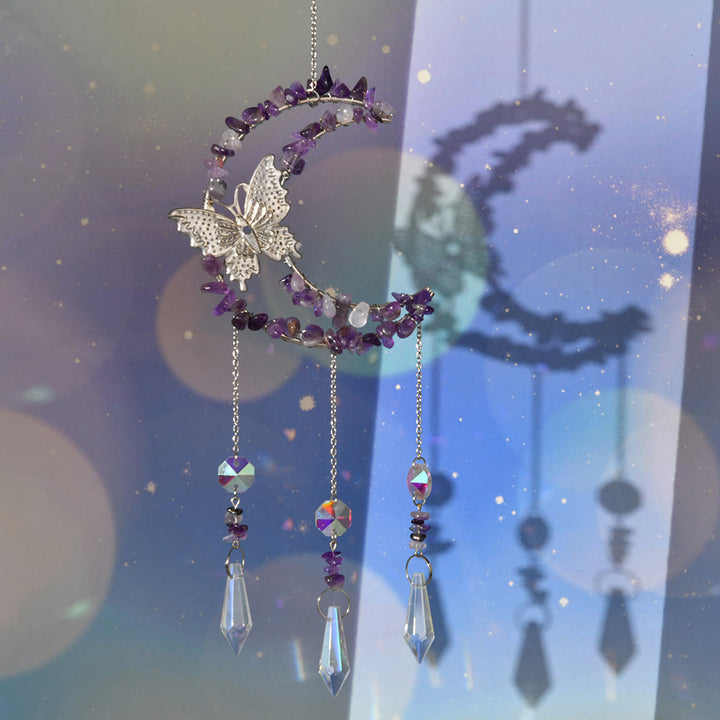 Olivenorma Natural Crystal Moon Butterfly Wind Chime - Amethyst - image 1