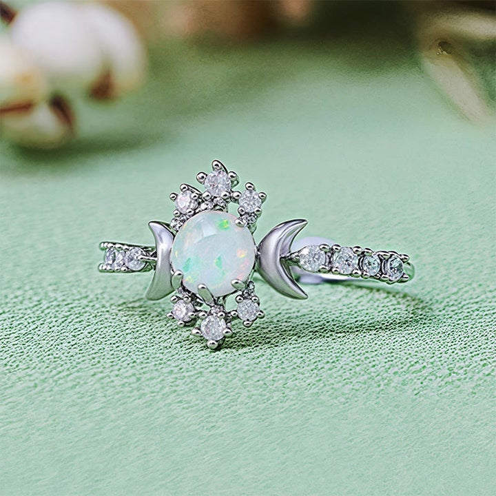 Olivenorma White Opal White Zircon Triple Moon Goddess Ring - image 4