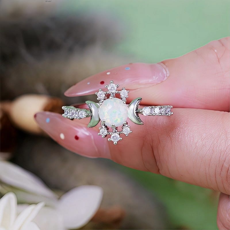Olivenorma White Opal White Zircon Triple Moon Goddess Ring - image 2