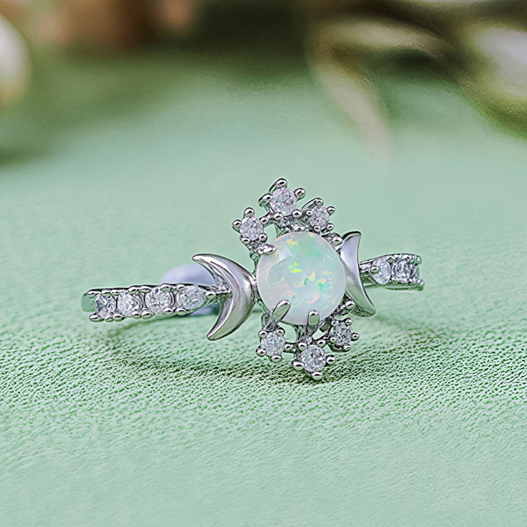 Olivenorma White Opal White Zircon Triple Moon Goddess Ring - image 5