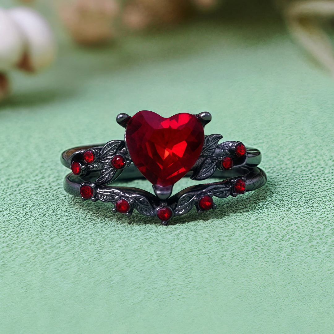 Olivenorma 2Pcs Heart Ruby Quartz Black Ring Set - Ruby Quartz - image 0