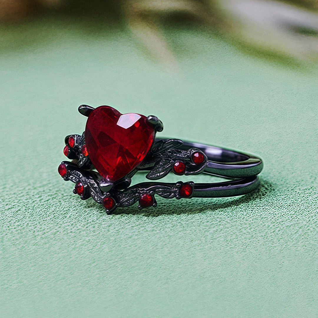 Olivenorma 2Pcs Heart Ruby Quartz Black Ring Set - image 5